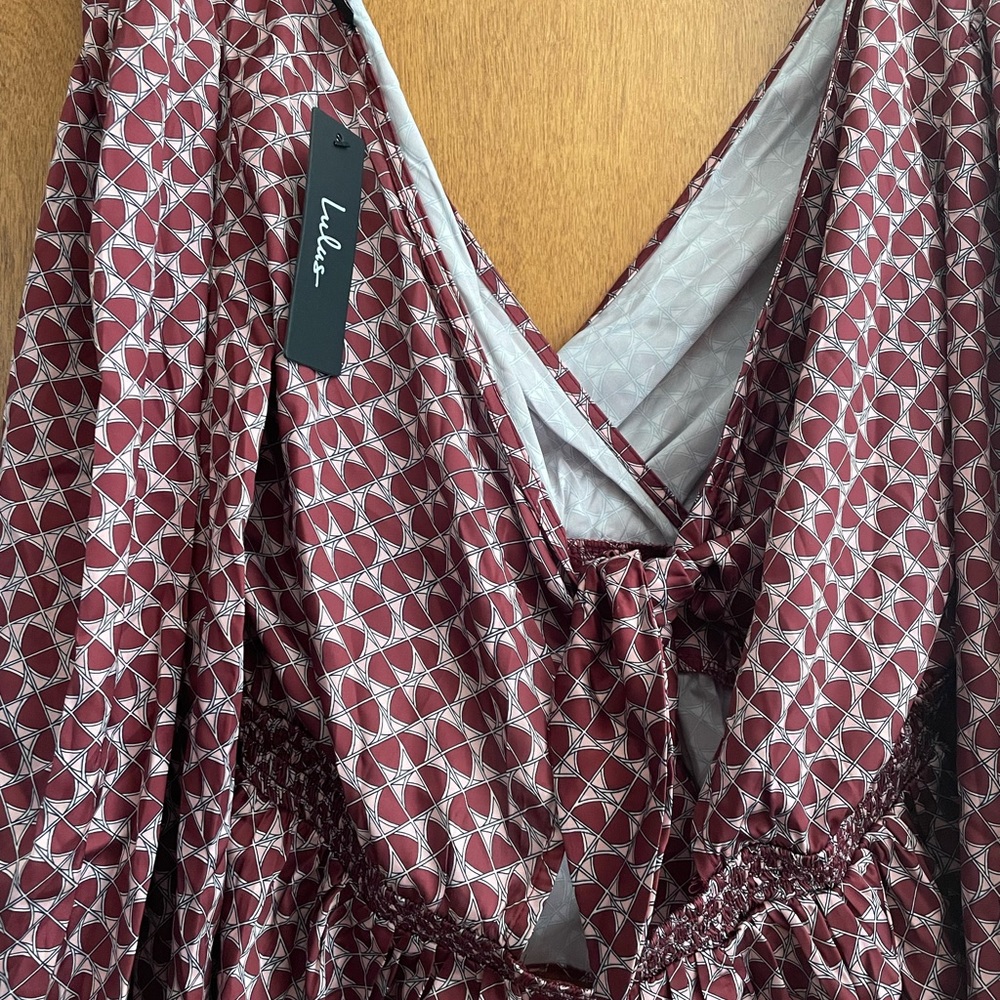 Lulu’s My Best Hour Burgundy Geo Print Peplum Blouse - Picture 4 of 4